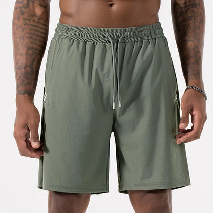Men's black Ice Silk quick-drying sports shorts with high waist and drawstring.