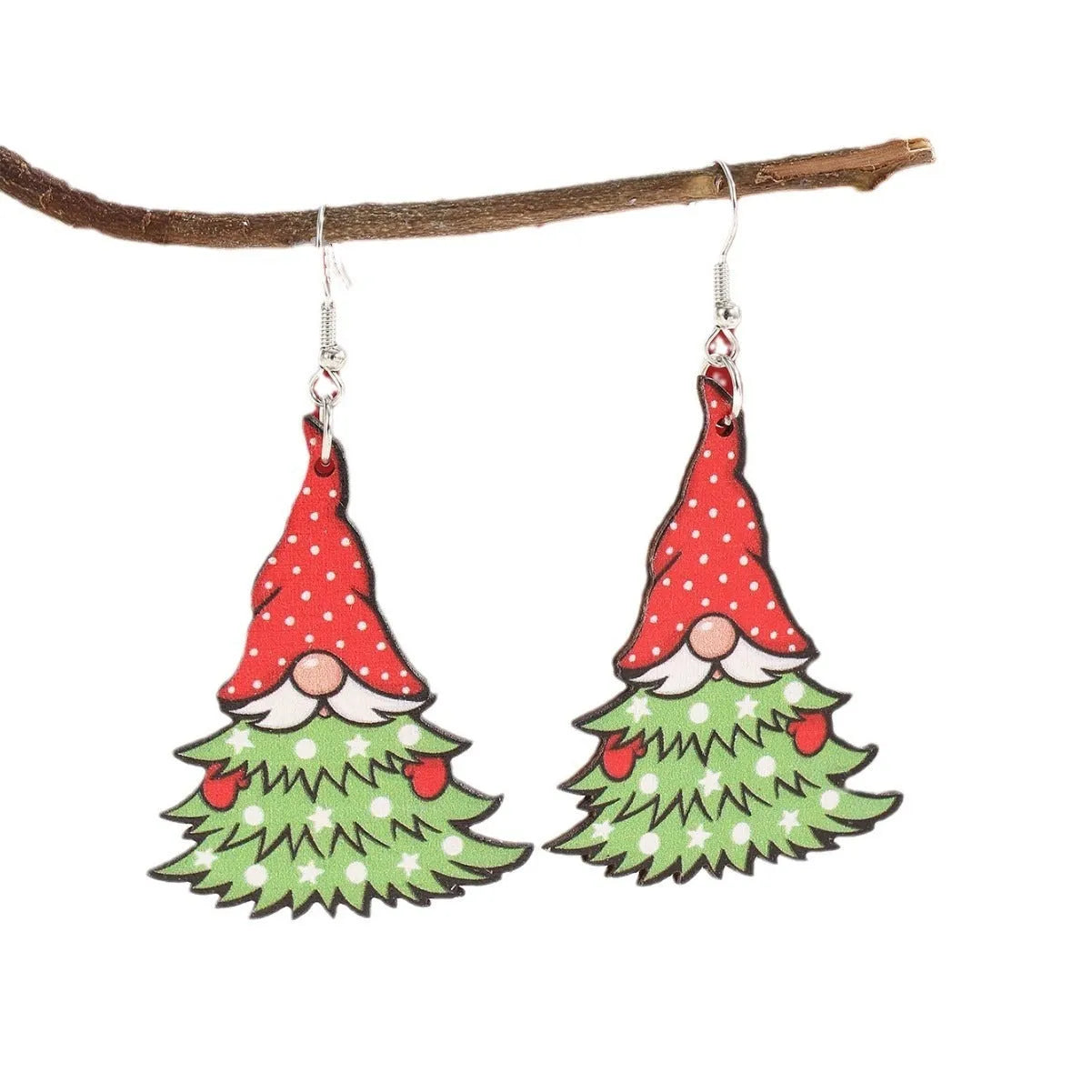 Geometric wooden Christmas earrings with printed Santa Claus motifs in Christmas tree and water drop snowman designs