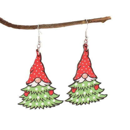 Geometric wooden Christmas earrings with printed Santa Claus motifs in Christmas tree and water drop snowman designs