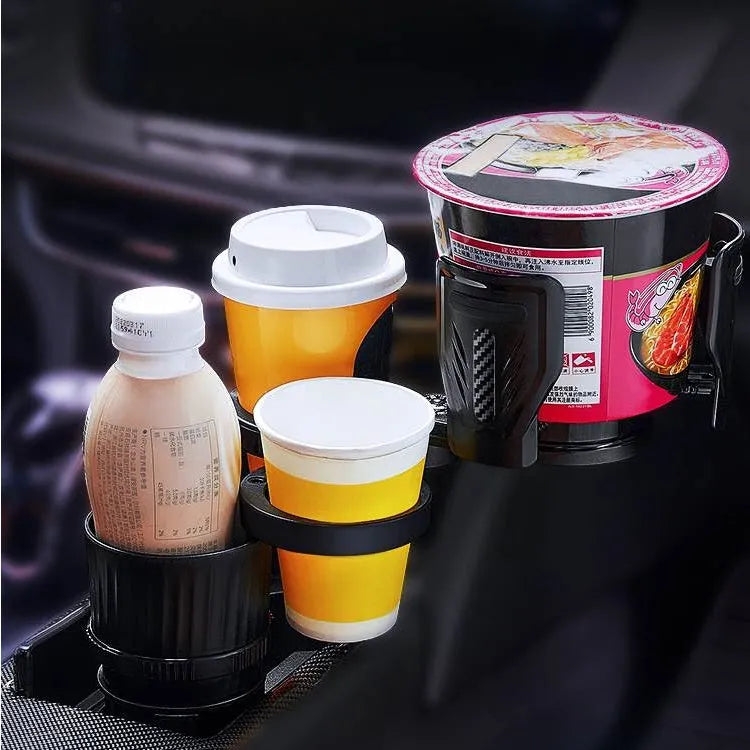 Black car cup holder with adjustable base showing retracted and extended positions