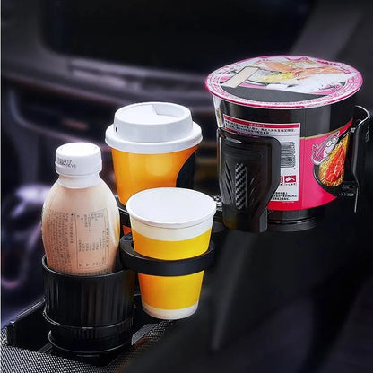 Black car cup holder with adjustable base showing retracted and extended positions