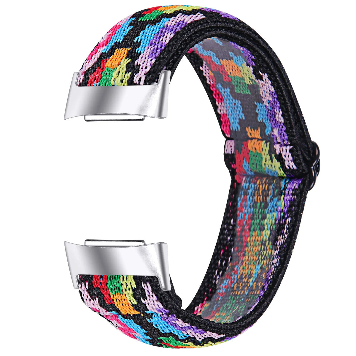 Printed elastic watch strap compatible with Fitbit Charge 6 shown in adjustable position