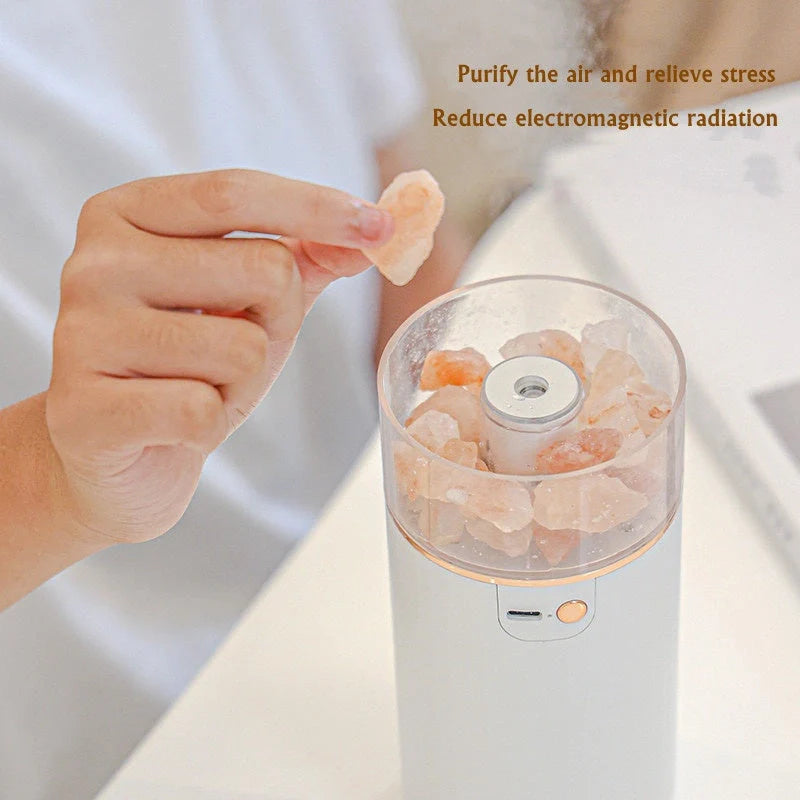 Crystal Salt Stone Air Humidifier with Aromatherapy and LED Lamp on desk