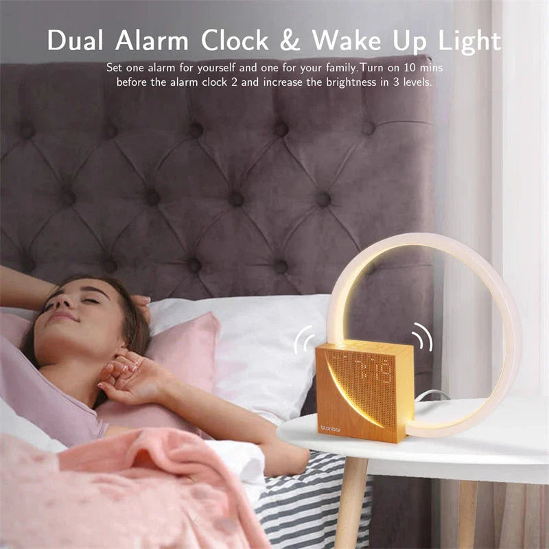 Multifunctional alarm clock bedside lamp with natural sounds, touch control, and 3-level brightness for a relaxing sleep and productive morning routine
