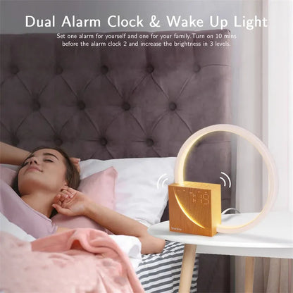 Navy blue wooden finish touch control bedside lamp with digital alarm clock display