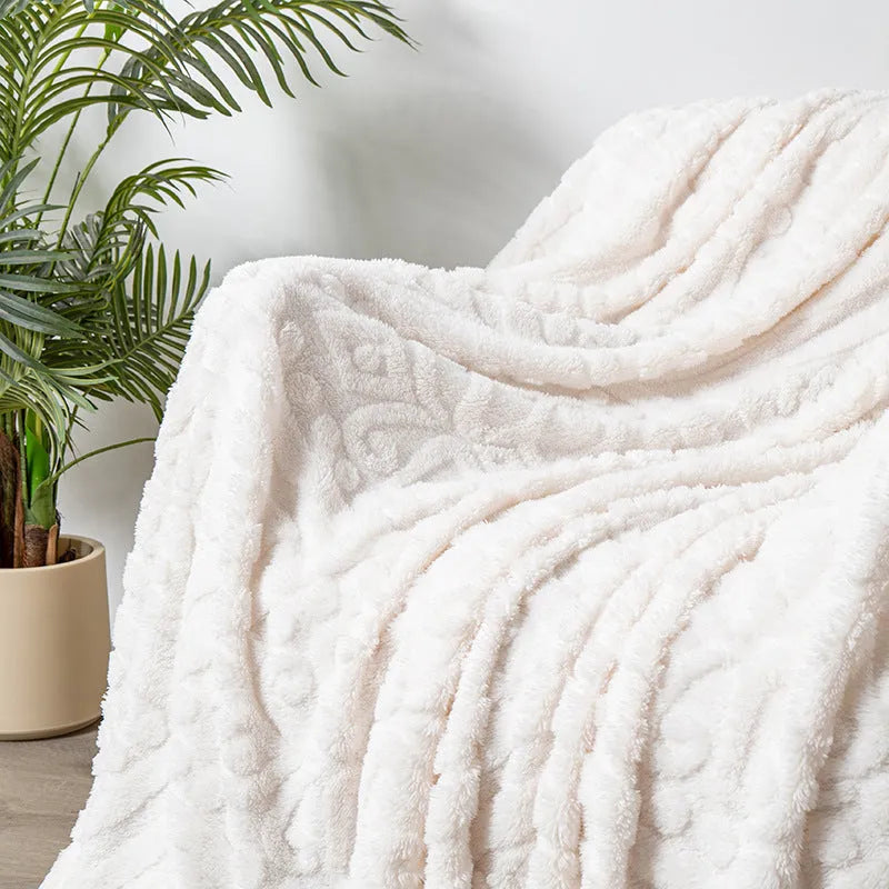 Shu velvet jacquard sofa blanket in solid colour with plant flower patterns showing size options