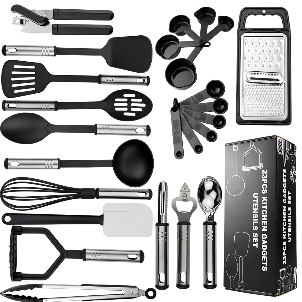 25-piece kitchen utensil set with hanging holes, silicone heads and stainless steel handles organised vertically