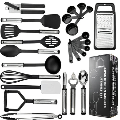 25-piece kitchen utensil set with hanging holes, silicone heads and stainless steel handles organised vertically