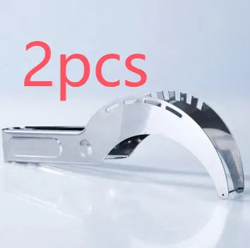 Silver stainless steel melon cutter for slicing watermelon and other large fruits.