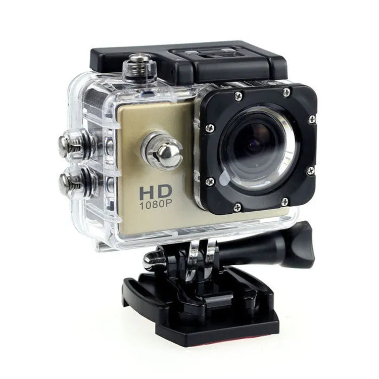 White waterproof sports camera next to its waterproof case and mounting accessory.