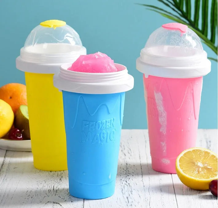 Smoothie cup in mint green or light pink with lid, straw spoon, and 201-300ml capacity for quick slush making