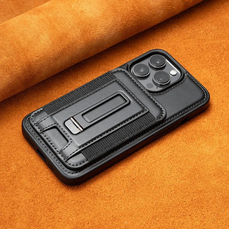 Magnetic card holder iPhone case in imitation leather with bracket, drop-resistant, shown in Black, Blue, Light Brown and Wine Red.