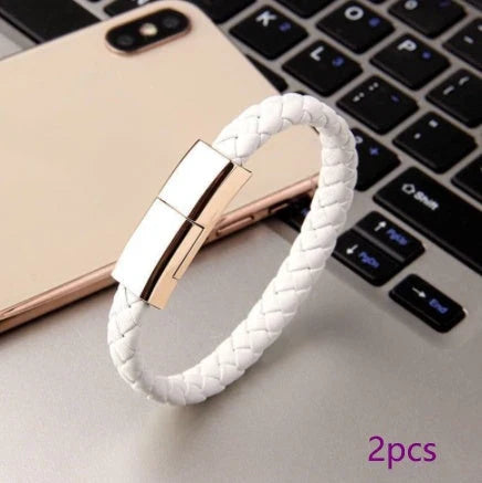 Stylish leather bracelet with built-in charging cable for smartphones and USB-C devices