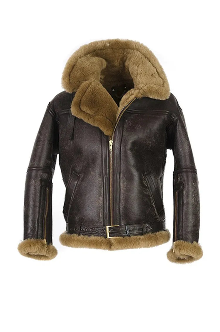 Men's brown synthetic leather fur coat with side pockets and straight hem, medium 65cm length winter jacket