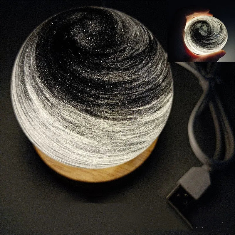Planet night light with USB cable and base, showing 80mm model and three-colour dimming options