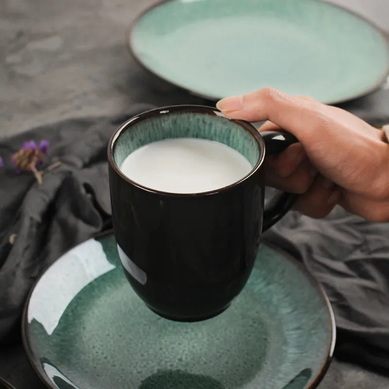 Retro European style porcelain bowls and plates set with round shape on dining table