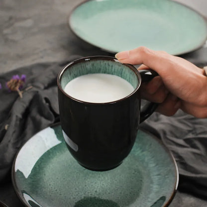 Retro European style porcelain bowls and plates set with round shape on dining table