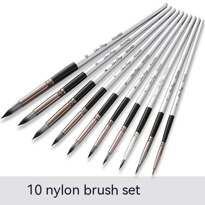 10-piece nylon watercolour oil painting brush set with wooden handles, silver-grey rods, 20-23cm
