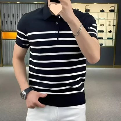 Men's black and white striped pullover T-shirt with a lapel collar detail on a crew neck.