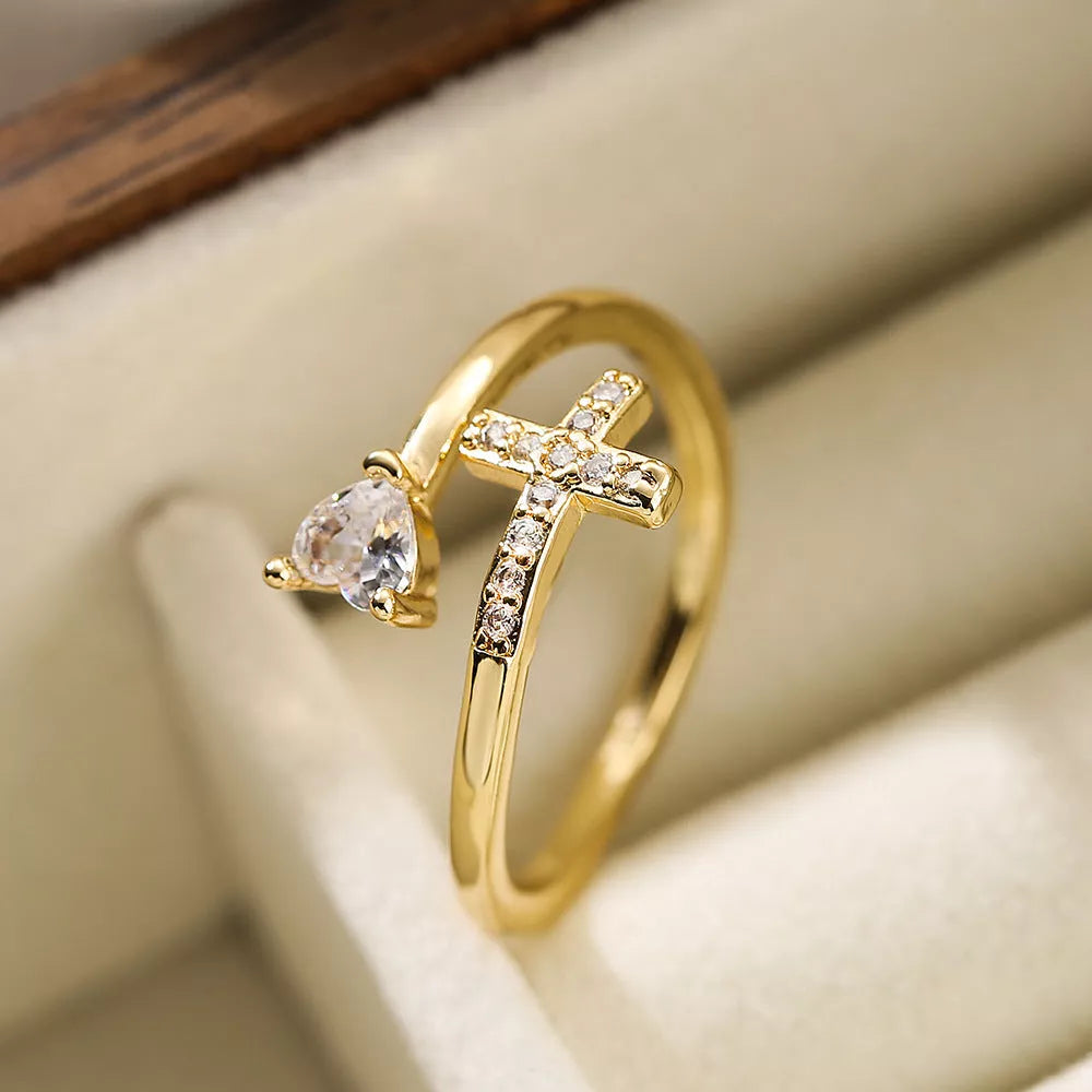 Adjustable CZ zircon cross evil eye ring for women with geometric design