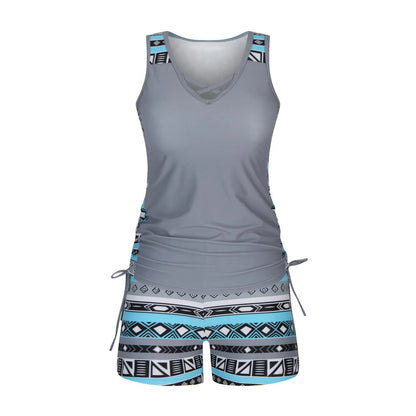 Women's separate swimsuit set showing knotted bikini top and high-waisted briefs in multiple colour options