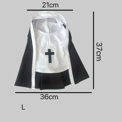 Black and white nun costume cloak for a small dog on a Halloween backdrop.
