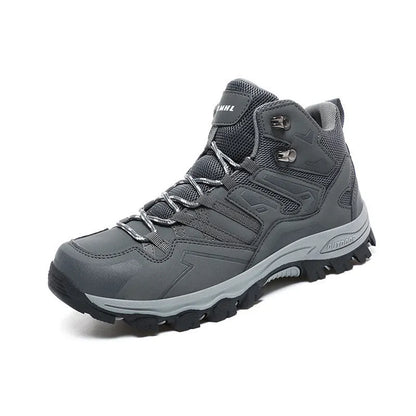 High-top hiking shoes in flannel with natural rubber sole, shown in colour options for outdoor wear.