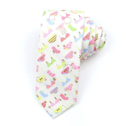 Korean style narrow men's cotton bow tie with a printed cartoon pattern on an adjustable fabric strap.