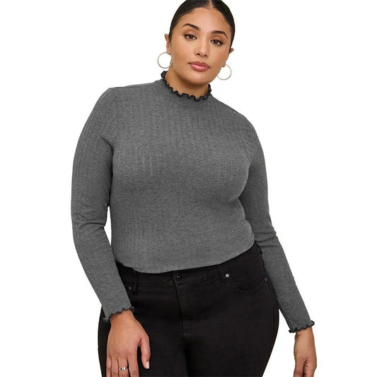 Elegant ribbed long sleeve top in various colours, including light grey, dark grey, white, black, khaki, and army green.