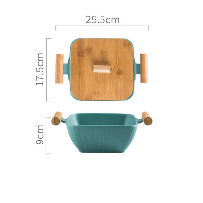Irregular shaped porcelain ceramic bowl with lid in black, green, pink, or white colour options