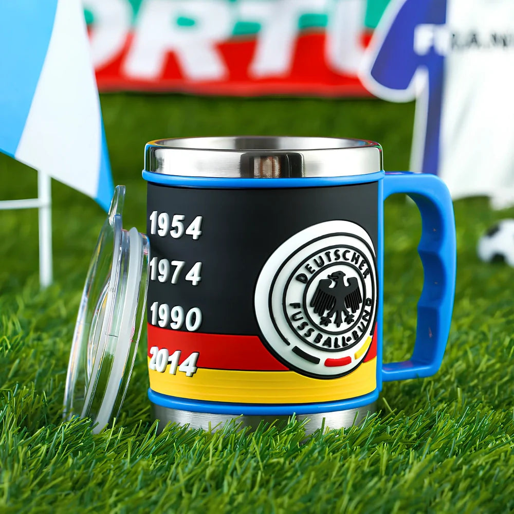 World Cup football mug with 7.6cm diameter and 10.5cm height in team colours
