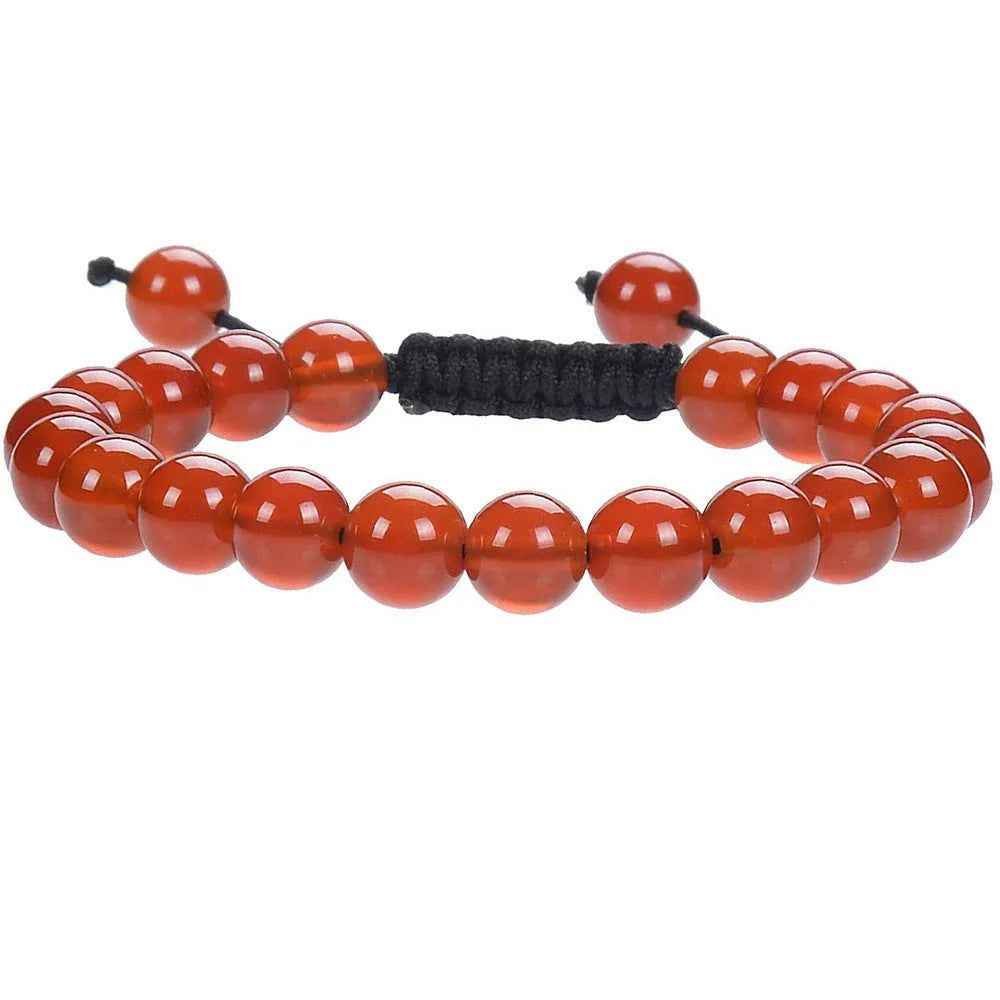 Women's flat knot braided healing bracelet hand-woven with natural gemstone beads in geometric pattern