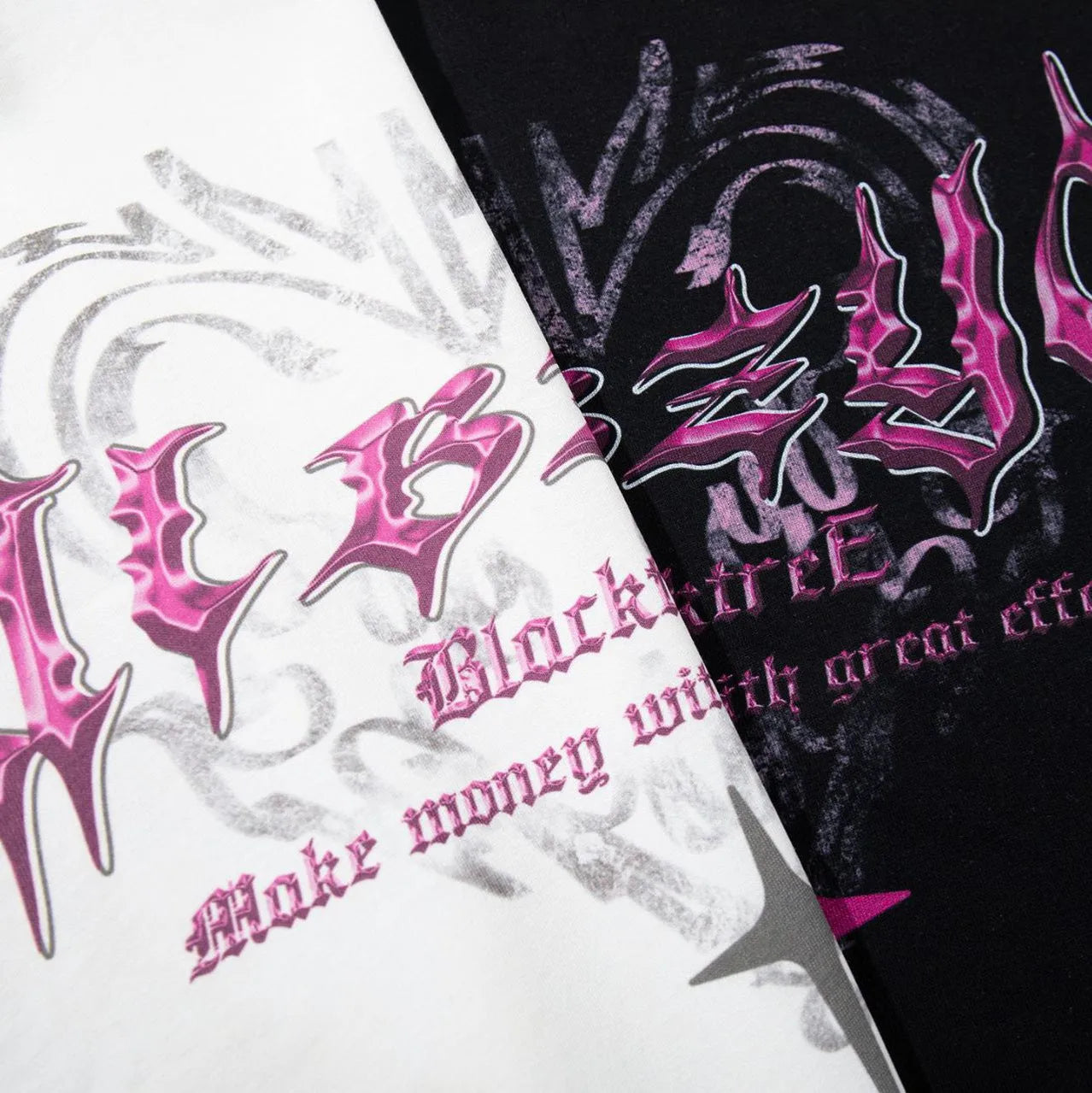 Men's loose fit black cotton t-shirt with a fashion print, short sleeves, and round neck.
