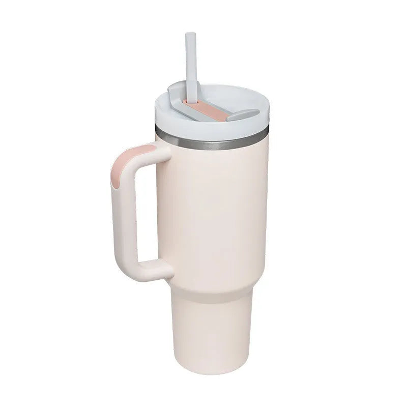 40oz stainless steel tumbler with handle and straw in various colour options showing tapered shape and spill-proof lid