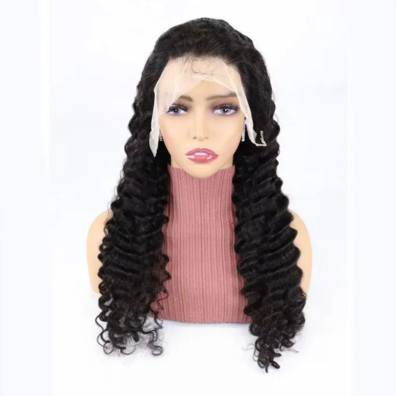 A simple solid colour human hair wig with half lace cover, shown in a long length.