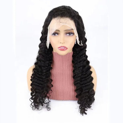 A simple solid colour human hair wig with half lace cover, shown in a long length.
