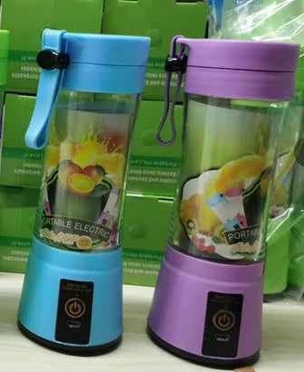 Portable USB blender with six blades in pink colour option showing cup and charging cable