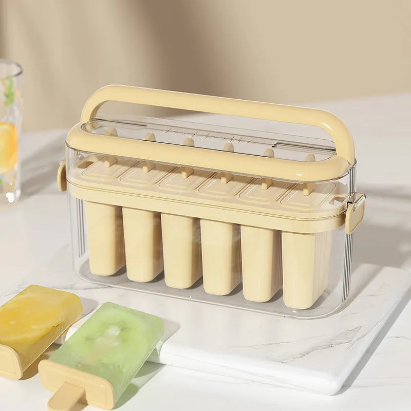 Green or beige portable popsicle mould for making homemade ice cream measuring 23.4 x 7.7 x 12 cm