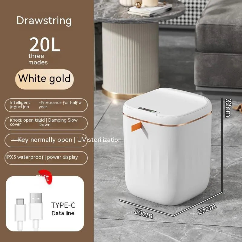 White smart induction trash can with automatic opening lid for kitchen or bathroom use
