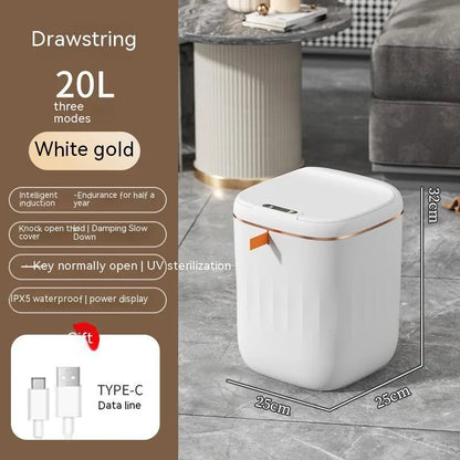White smart induction trash can with automatic opening lid for kitchen or bathroom use
