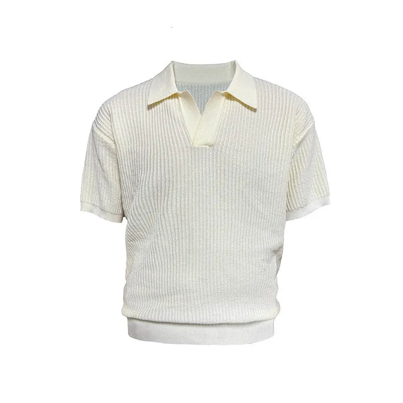 Short sleeve men's polo shirt in grey with striped collar, shown on a hanger.