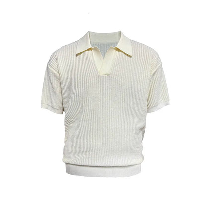Short sleeve men's polo shirt in grey with striped collar, shown on a hanger.