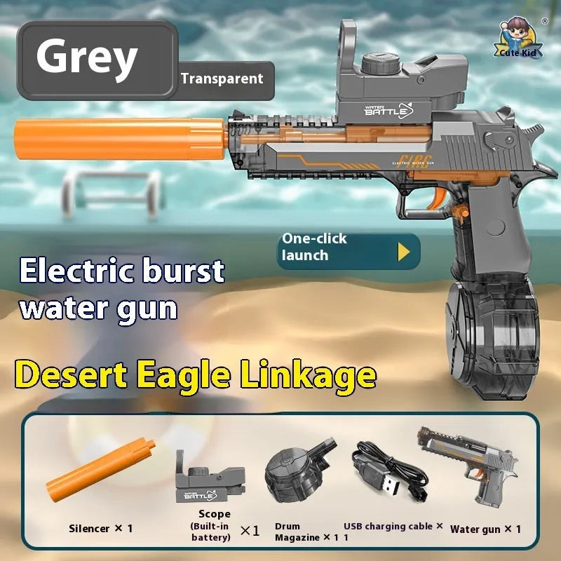 Automatic electric water gun toy with Desert Eagle linkage design, ammunition drum, silencer, and telescopic sight, 41.1cm long