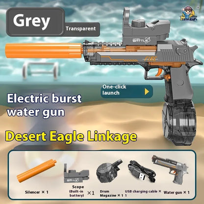 Automatic electric water gun toy with Desert Eagle linkage design, ammunition drum, silencer, and telescopic sight, 41.1cm long