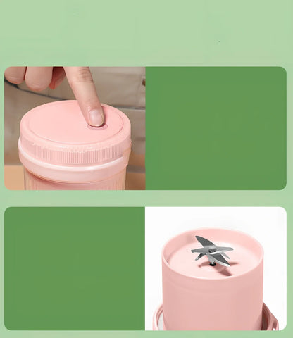 Mini portable juicer in blue, green, or pink with 380ml capacity and USB charging cable