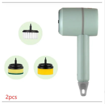 Electric cleaning brush with plastic housing, three brush heads, and 1200mA battery, shown in white, green, or pink