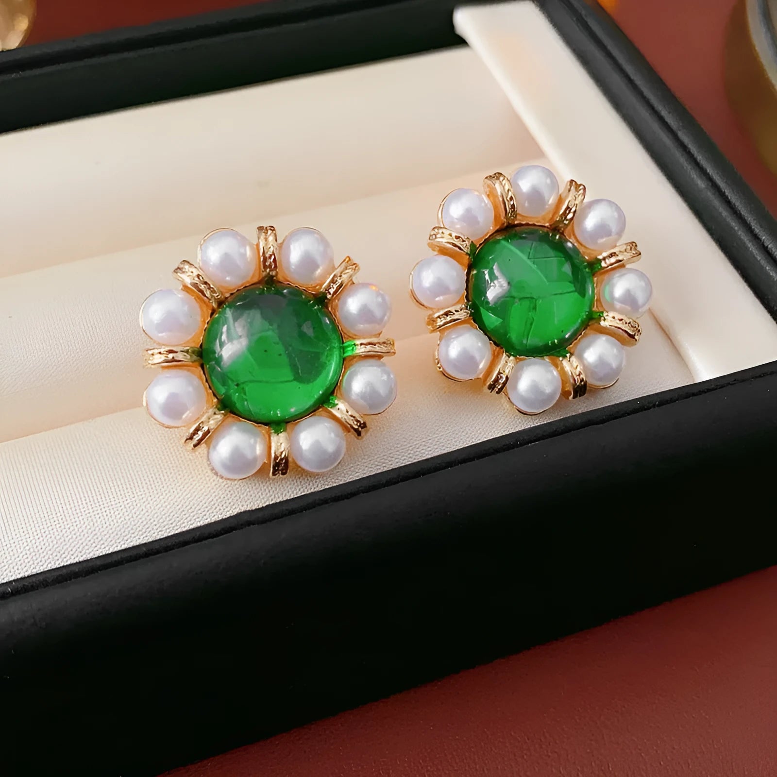 Golden green geometric pearl stud earrings with real gold electroplated finish