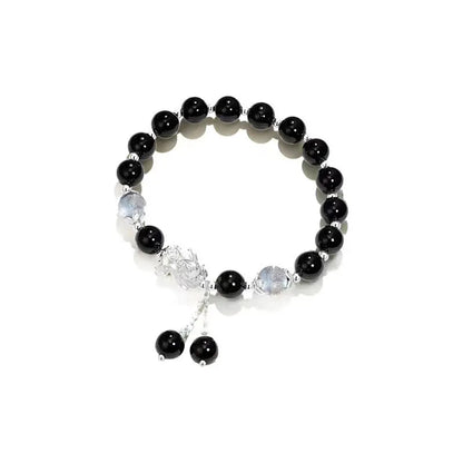 Natural black agate couple bracelets with 10mm wave-shaped beads in grey moonlight colour