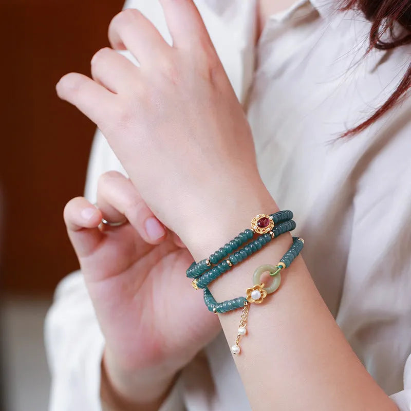 Blue water jade abacus bead bracelet with three rings tourmaline and freshwater pearls