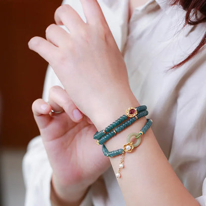 Blue water jade abacus bead bracelet with three rings tourmaline and freshwater pearls
